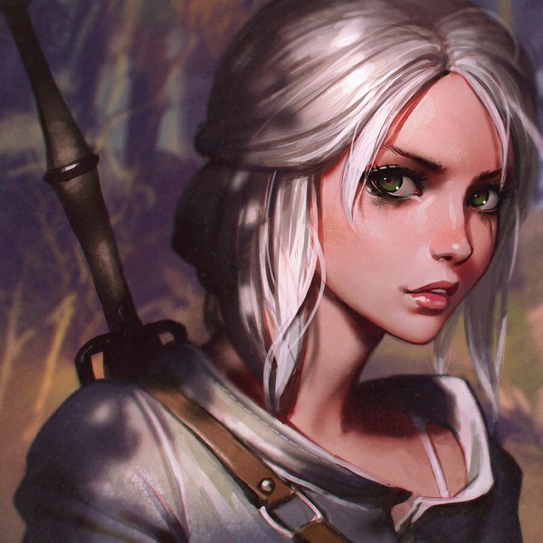 Anime picture 900x900 with the witcher the witcher 3 wild hunt ciri ilya kuvshinov single long hair looking at viewer fringe green eyes silver hair white hair parted lips lips realistic girl weapon shirt sword white shirt
