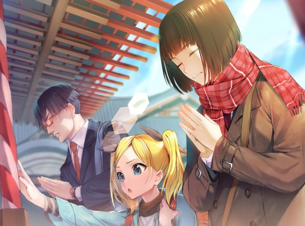 Anime picture 1559x1154 with shirobako p.a. works yano erika ts422 short hair open mouth blue eyes blonde hair brown hair multiple girls eyes closed girl boy 2 girls glasses jacket scarf red scarf plaid scarf