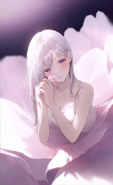 Anime picture 800x1307 with original 2sham single long hair tall image looking at viewer blush fringe breasts hair between eyes purple eyes bare shoulders holding cleavage silver hair head tilt hands clasped girl flower (flowers)