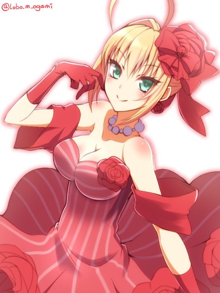 Anime picture 600x800 with fate (series) fate/extra type-moon nero claudius (fate) (all) nero claudius (fate) ookami maito single tall image looking at viewer blush fringe short hair breasts simple background blonde hair smile white background bare shoulders green eyes signed