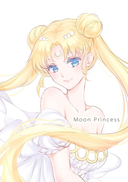 Anime picture 2480x3507 with bishoujo senshi sailor moon toei animation tsukino usagi princess serenity misaki krokodi single long hair tall image looking at viewer fringe highres blue eyes simple background blonde hair smile white background twintails bare shoulders payot upper body