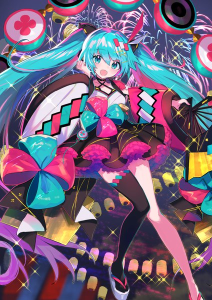 Anime picture 722x1022 with hatsune miku graphy collection vocaloid magical mirai (vocaloid) hatsune miku magical mirai miku magical mirai miku (2020 summer) hayama eishi single tall image looking at viewer fringe open mouth hair between eyes twintails full body very long hair :d aqua eyes aqua hair sparkle