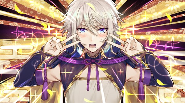 Anime picture 1382x770 with fate (series) fate/grand order prince of lan ling (fate) csyday single looking at viewer blush fringe short hair open mouth blue eyes hair between eyes wide image silver hair upper body traditional clothes :d sparkle victory chinese clothes