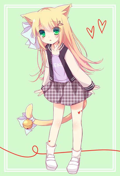 Anime picture 549x800 with original hoshi (snacherubi) single long hair tall image looking at viewer blush breasts simple background blonde hair standing green eyes animal ears tail parted lips animal tail cat ears open jacket cat tail loli