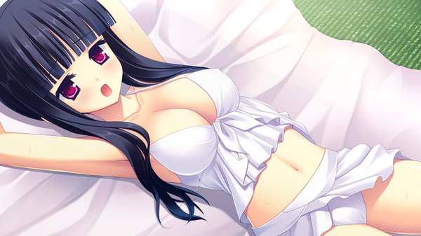 Anime picture 1024x576 with lovely quest long hair open mouth light erotic black hair red eyes wide image game cg girl navel swimsuit bikini