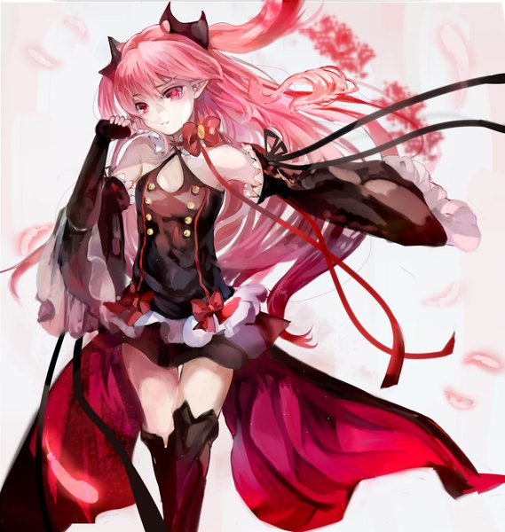 Anime picture 1500x1580 with owari no seraph wit studio kururu tepes kafi single long hair tall image looking at viewer fringe red eyes standing twintails bare shoulders pink hair long sleeves pointy ears wide sleeves outstretched arm girl gloves