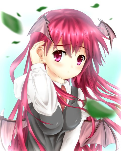 Anime picture 1200x1500 with touhou koakuma toumin (artist) single long hair tall image looking at viewer blush red eyes upper body red hair girl shirt wings necktie leaf (leaves)