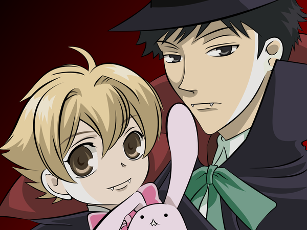 Anime picture 1600x1200 with ouran high school host club studio bones haninozuka mitsukuni morinozuka takashi looking at viewer fringe short hair black hair simple background blonde hair smile holding ahoge lips multiple boys teeth fang (fangs) gradient background halloween cosplay