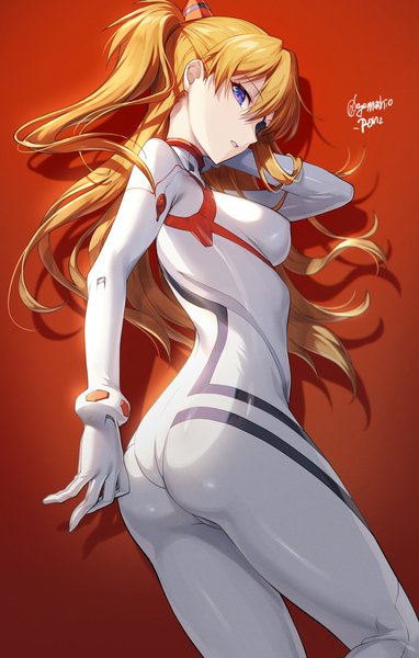Anime picture 1800x2830 with neon genesis evangelion rebuild of evangelion evangelion: 3.0+1.0 thrice upon a time gainax soryu asuka langley shikinami asuka langley gomashio ponz single long hair tall image looking at viewer fringe highres breasts blue eyes light erotic simple background hair between eyes brown hair standing