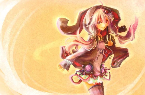Anime picture 1305x855 with vocaloid yuzuki yukari chanoa chamura noa single long hair smile twintails pink hair pink eyes light smile bunny ears low twintails victory yellow background orange background girl hair ornament hairclip hood