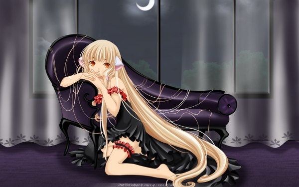 Anime picture 2560x1600 with chobits freya long hair highres blonde hair wide image yellow eyes barefoot girl moon couch