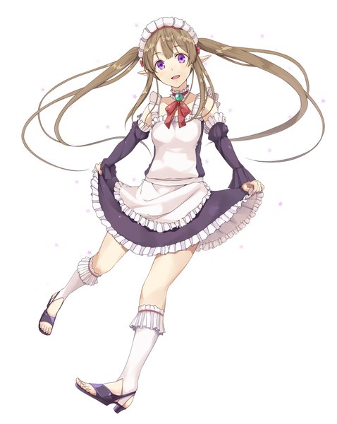Anime picture 1835x2301 with outbreak company feel (studio) myucel foalan single long hair tall image highres open mouth simple background brown hair white background purple eyes twintails pointy ears maid elf girl detached sleeves socks frills