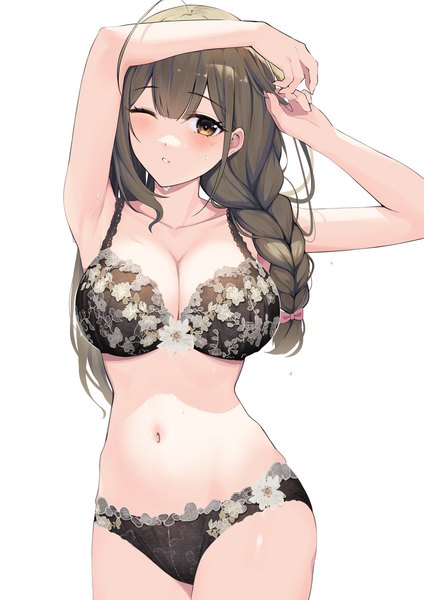 Anime picture 2480x3508 with idolmaster idolmaster shiny colors kuwayama chiyuki gin00 single long hair tall image looking at viewer blush fringe highres breasts light erotic simple background brown hair large breasts standing white background brown eyes payot