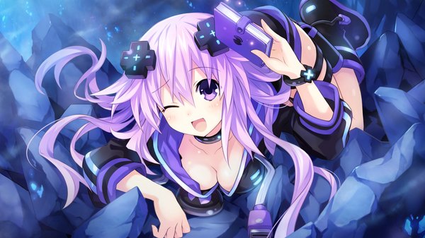 Anime picture 1920x1080 with choujigen game neptune shin jigen game neptune vii neptune (choujigen game neptune) tsunako single long hair looking at viewer fringe highres open mouth light erotic smile hair between eyes wide image purple eyes holding payot game cg cleavage lying