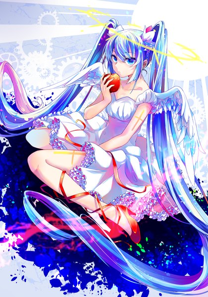 Anime picture 1545x2209 with vocaloid hatsune miku hoshino kisora single tall image looking at viewer fringe blue eyes sitting twintails holding payot blue hair full body very long hair short sleeves high heels wariza angel wings angel