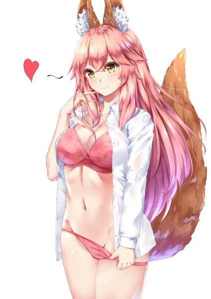 Anime picture 1488x2105 with fate (series) fate/grand order fate/extra tamamo (fate) (all) tamamo no mae (fate) chahei single long hair tall image blush fringe breasts light erotic simple background smile hair between eyes large breasts standing white background animal ears