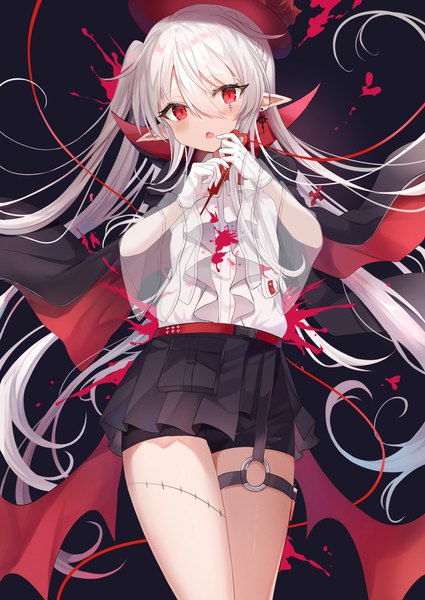 Anime picture 2507x3541 with arknights warfarin (arknights) warfarin (the feast) (arknights) retsuto single tall image looking at viewer blush fringe highres simple background hair between eyes red eyes standing holding very long hair head tilt pleated skirt pointy ears wide sleeves