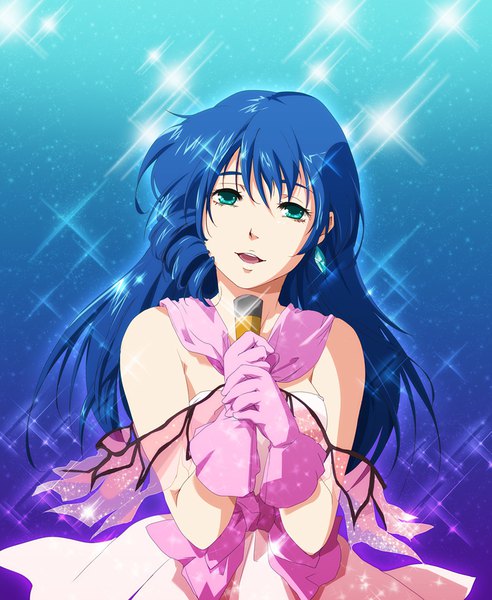 Anime picture 700x853 with macross macross: do you remember love? lynn minmay azuko (@zuco) single long hair tall image looking at viewer open mouth bare shoulders holding blue hair head tilt aqua eyes sparkle drill hair girl dress gloves earrings