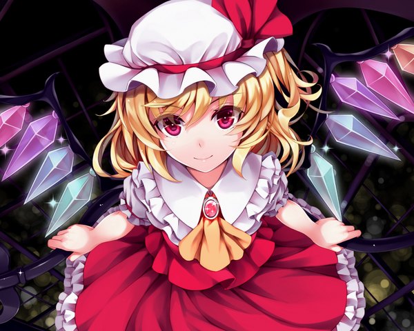 Anime picture 1760x1408 with touhou flandre scarlet kitou kaitai single looking at viewer highres short hair blonde hair smile holding pink hair head tilt from above wallpaper sleeveless side ponytail dark background looking up girl skirt