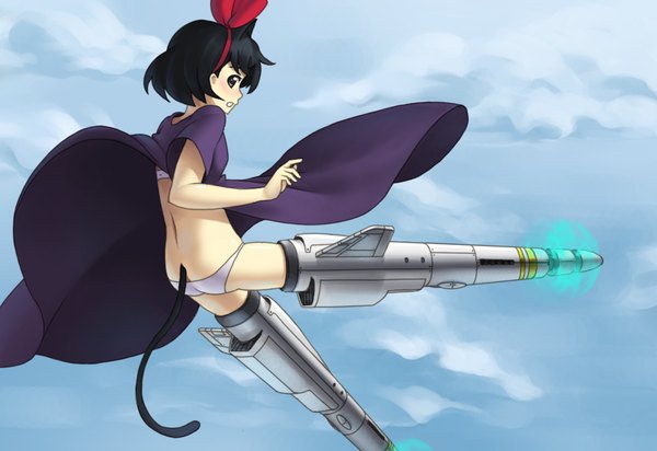 Anime picture 1018x700 with strike witches kiki's delivery service studio ghibli kiki drawfag single looking at viewer blush light erotic black hair animal ears sky cloud (clouds) ass tail from behind cat ears cat tail flying clenched teeth