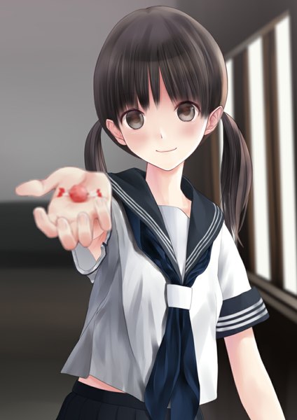 Anime picture 827x1169 with original chikuwa (odennabe) single long hair tall image looking at viewer blush fringe black hair smile twintails black eyes outstretched arm girl skirt uniform school uniform shirt serafuku food