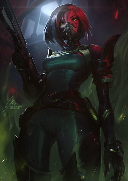 Anime picture 848x1200 with valorant viper (valorant) raikoart single tall image looking at viewer fringe short hair black hair hair between eyes standing holding green eyes signed realistic night from below girl gloves weapon