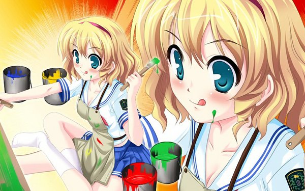 Anime picture 1024x640 with doinaka channel 5 erena hadoson short hair blonde hair wide image green eyes game cg girl serafuku