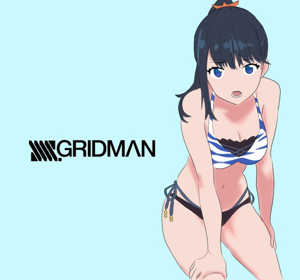 Anime picture 5301x4961 with gridman universe ssss.gridman studio trigger takarada rikka naru-ko single long hair looking at viewer blush fringe highres breasts open mouth blue eyes light erotic black hair simple background hair between eyes standing bare shoulders