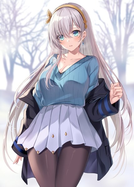 Anime picture 700x978 with fate (series) fate/grand order anastasia (fate) harimoji single long hair tall image blush fringe breasts blue eyes light erotic large breasts cleavage silver hair outdoors pleated skirt hair over one eye sweat thigh gap