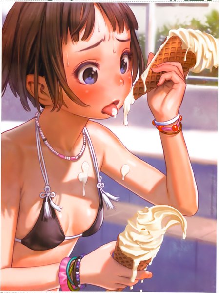 Anime picture 979x1307 with range murata single tall image blush short hair open mouth blue eyes light erotic brown hair bare shoulders embarrassed shiny skin :p girl swimsuit bikini food bracelet sweets tongue
