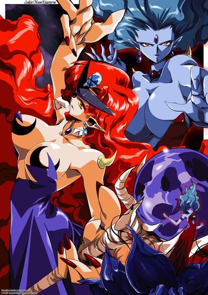 Anime picture 2480x3507 with bishoujo senshi sailor moon toei animation sailor moon monster book queen beryl hinomars19 tall image highres breasts light erotic red eyes large breasts red hair very long hair nail polish from above pointy ears aqua hair open clothes outstretched arm turning head