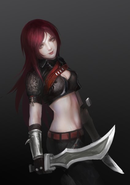 Anime picture 2480x3508 with league of legends katarina (league of legends) hq19910119 single long hair tall image looking at viewer blush highres brown eyes cleavage red hair light smile lips bare belly scar girl gloves weapon belt