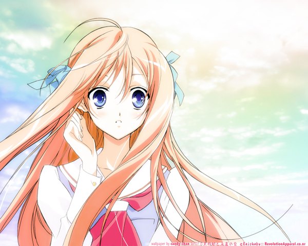 Anime picture 1280x1024 with kyoushirou to towa no sora shiratori kuu kaishaku candy-chan single long hair blush blue eyes blonde hair pink hair sky cloud (clouds) wind orange hair girl uniform ribbon (ribbons) hair ribbon school uniform