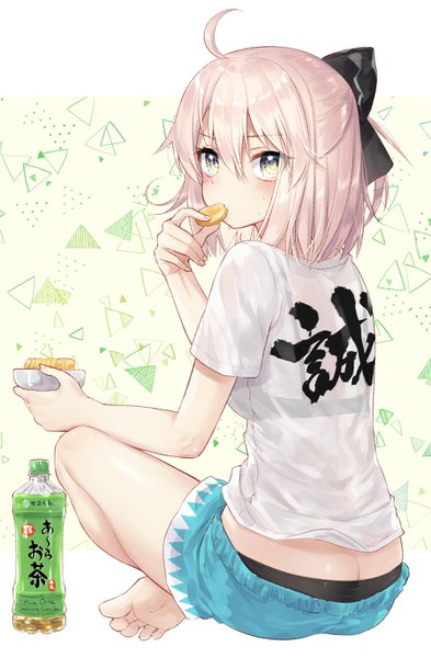 Anime picture 900x1372 with fate (series) fate/grand order koha-ace okita souji (fate) (all) okita souji (koha-ace) nunucco single tall image looking at viewer blush fringe short hair light erotic simple background blonde hair hair between eyes sitting holding yellow eyes full body