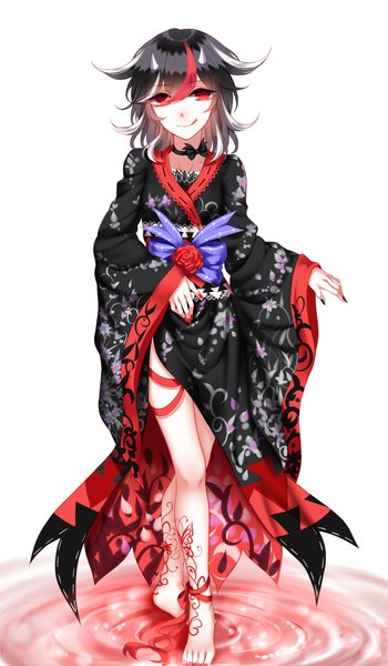 Anime picture 1400x2400 with touhou kijin seija sheya single long hair tall image looking at viewer breasts black hair simple background smile red eyes standing white background long sleeves nail polish traditional clothes japanese clothes multicolored hair barefoot