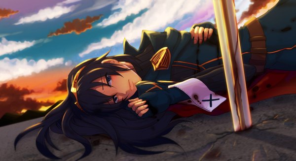 Anime picture 1518x828 with fire emblem fire emblem awakening lucina (fire emblem) toritorikohaku single long hair blue eyes brown hair wide image blue hair sky cloud (clouds) lying multicolored hair two-tone hair evening sunset girl uniform sword