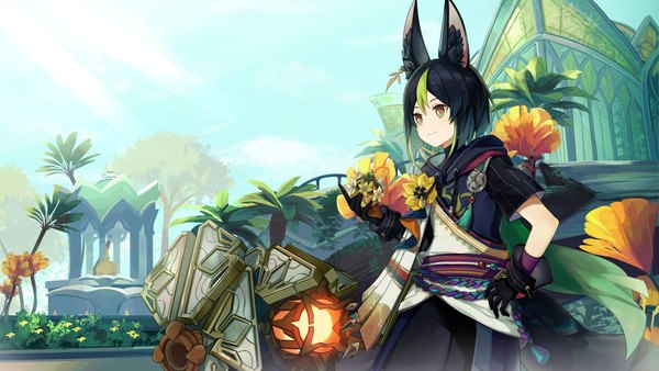 Anime picture 2048x1152 with genshin impact tighnari (genshin impact) karkata (genshin impact) merry-san single highres short hair black hair smile wide image animal ears looking away outdoors tail animal tail multicolored hair streaked hair hand on hip boy gloves
