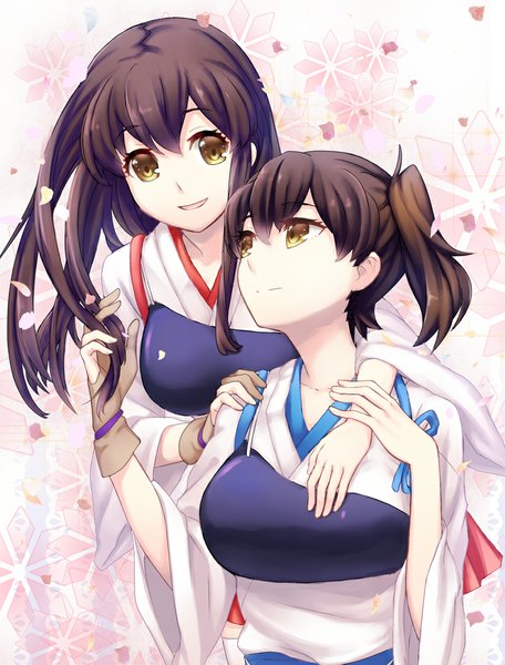 Anime picture 827x1088 with kantai collection kaga aircraft carrier akagi aircraft carrier touyama sabu long hair tall image short hair breasts brown hair large breasts multiple girls brown eyes ponytail traditional clothes japanese clothes light smile side ponytail girl 2 girls petals