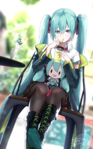 Anime picture 1275x2039 with vocaloid hatsune miku asahi kuroi single long hair tall image looking at viewer blush fringe hair between eyes sitting twintails holding signed payot outdoors aqua eyes blurry off shoulder aqua hair