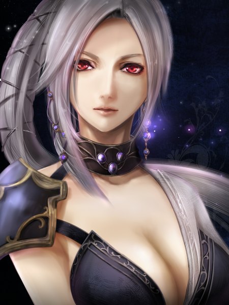 Anime picture 1200x1600 with trinity souls of zill oll selene (trinity souls of zill oll) yuuki kira single long hair tall image red eyes cleavage grey hair realistic girl earrings collar