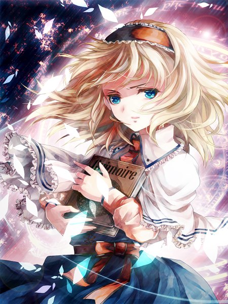 Anime picture 900x1200 with touhou alice margatroid awa toka single tall image looking at viewer short hair blue eyes blonde hair wind magic girl dress hairband book (books) magic circle