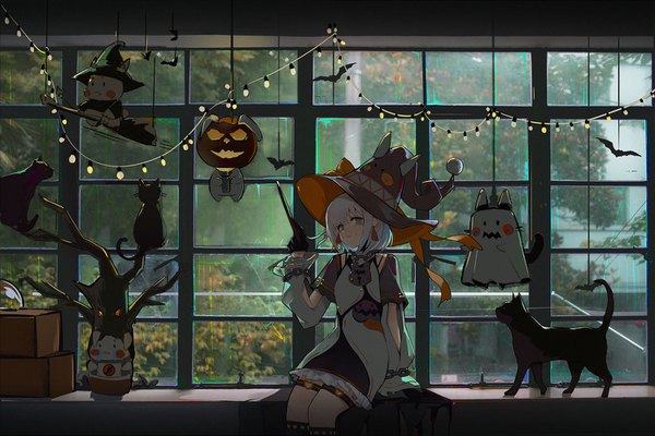 Anime picture 1500x1001 with original blackcat enjia single looking at viewer short hair blue eyes sitting silver hair indoors facial mark halloween witch girl dress gloves plant (plants) hat earrings animal black gloves
