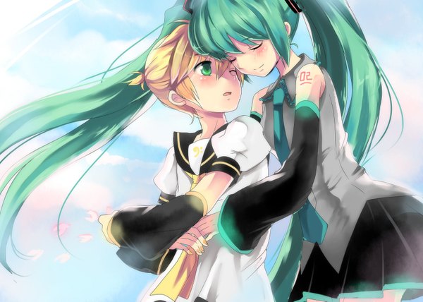 Anime picture 1600x1143 with vocaloid hatsune miku kagamine len girl tagme