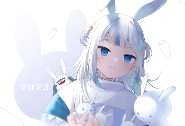 Anime picture 1500x1024 with virtual youtuber hololive hololive english gawr gura bloop (gawr gura) nachi single long hair looking at viewer blush fringe blue eyes simple background white background animal ears silver hair upper body blunt bangs multicolored hair light smile