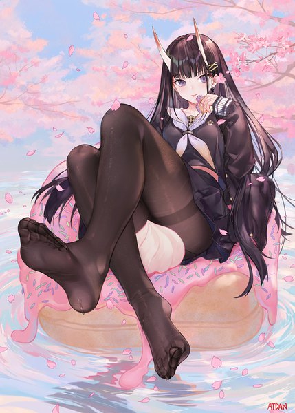 Anime picture 1073x1500 with azur lane noshiro (azur lane) atdan single long hair tall image looking at viewer blush fringe light erotic black hair sitting purple eyes holding signed full body bent knee (knees) outdoors horn (horns) open clothes
