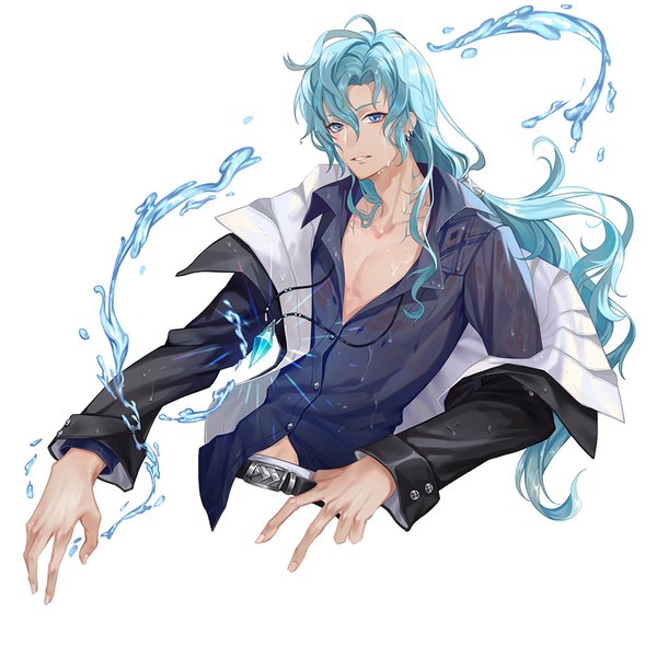 Anime picture 1000x1000 with forever 7th capital canglan yexion123 single long hair fringe blue eyes simple background hair between eyes white background blue hair upper body parted lips fingernails wet piercing ear piercing low ponytail boy water