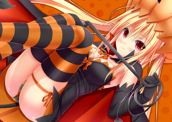 Anime picture 2000x1429 with original shouyan single long hair looking at viewer blush highres light erotic blonde hair smile red eyes twintails halloween girl thighhighs dress gloves underwear panties black gloves