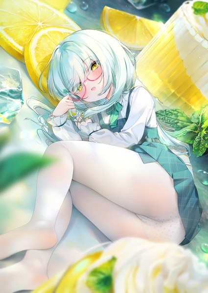 Anime picture 2508x3541 with original chen bin single long hair tall image looking at viewer blush fringe highres open mouth light erotic yellow eyes payot full body bent knee (knees) ass lying long sleeves green hair blurry