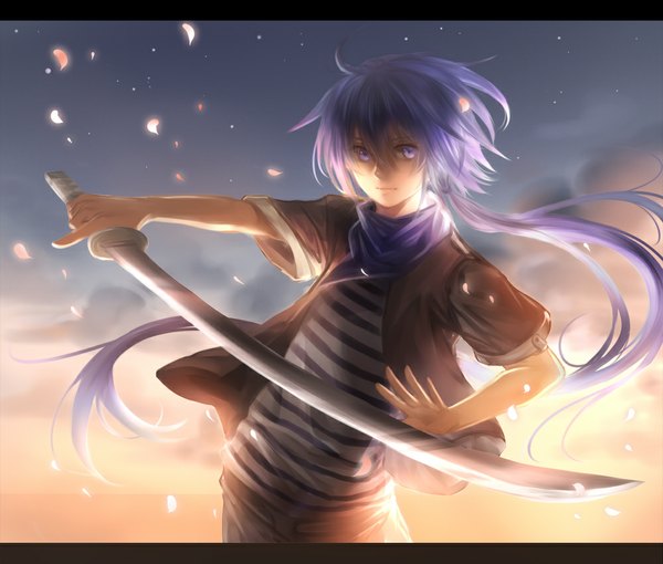 Anime picture 1000x850 with original f-wd single long hair looking at viewer purple eyes sky purple hair cloud (clouds) letterboxed striped boy weapon petals sword scarf katana