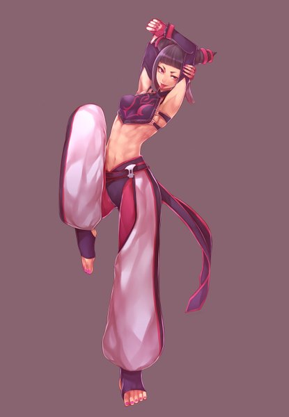Anime picture 2000x2893 with street fighter capcom han juri hitoto single tall image looking at viewer highres short hair light erotic black hair simple background red eyes head tilt grey background armpit (armpits) midriff leg lift (legs lift) fighting stance girl
